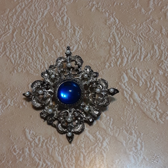 Vintage Estate Faux Pearl Blue Cabochon Brooch Pin - Picture 2 of 3